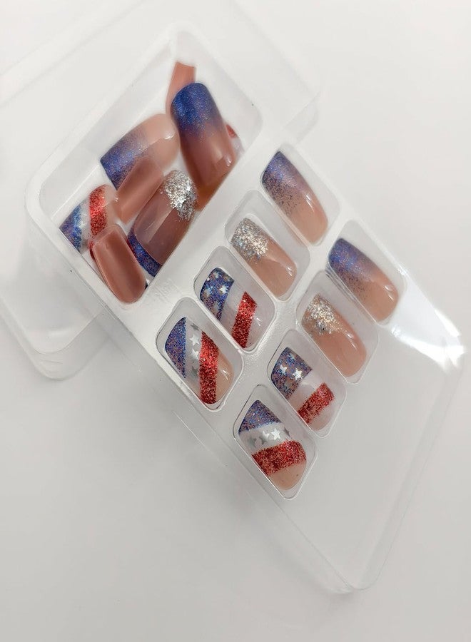 OSTTMA 4th of July Press on Nails Short Square Fake Nails Blue Glitter Patriotic Nail Tips USA Flag White Gradient Glue on Nails Reusable Acrylic False Nails for Women Independence Day Manicure Art - Image 5